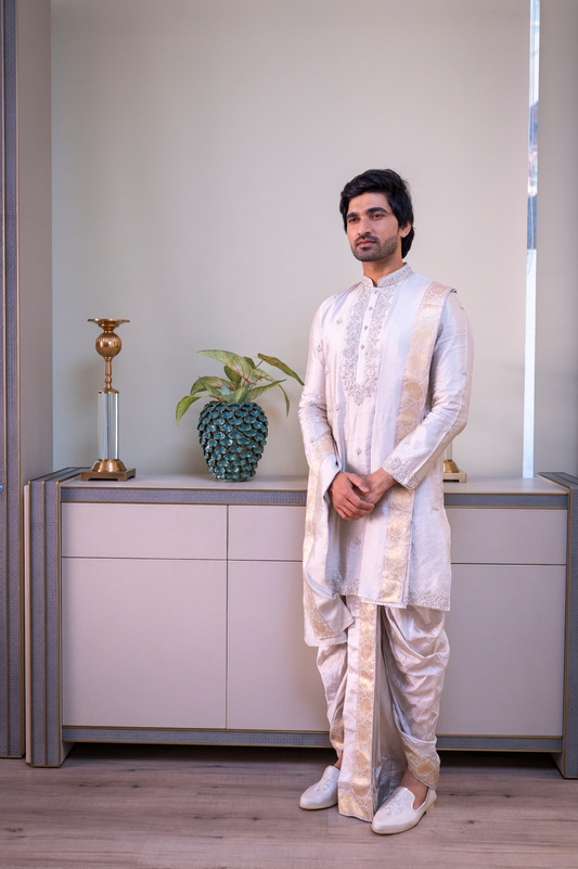 Varudu Elegance Silver Tissue Kurta – Perfect for Groom Wedding Sets